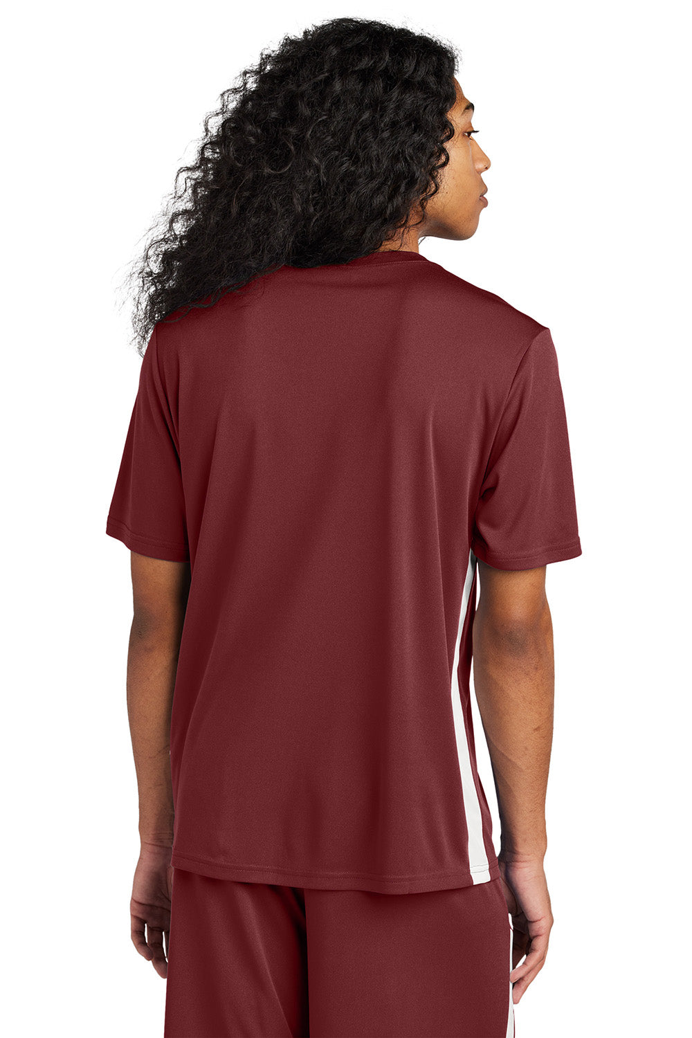 Sport-Tek ST101 Mens Competitor United Short Sleeve V-Neck T-Shirt Maroon/White Model Back