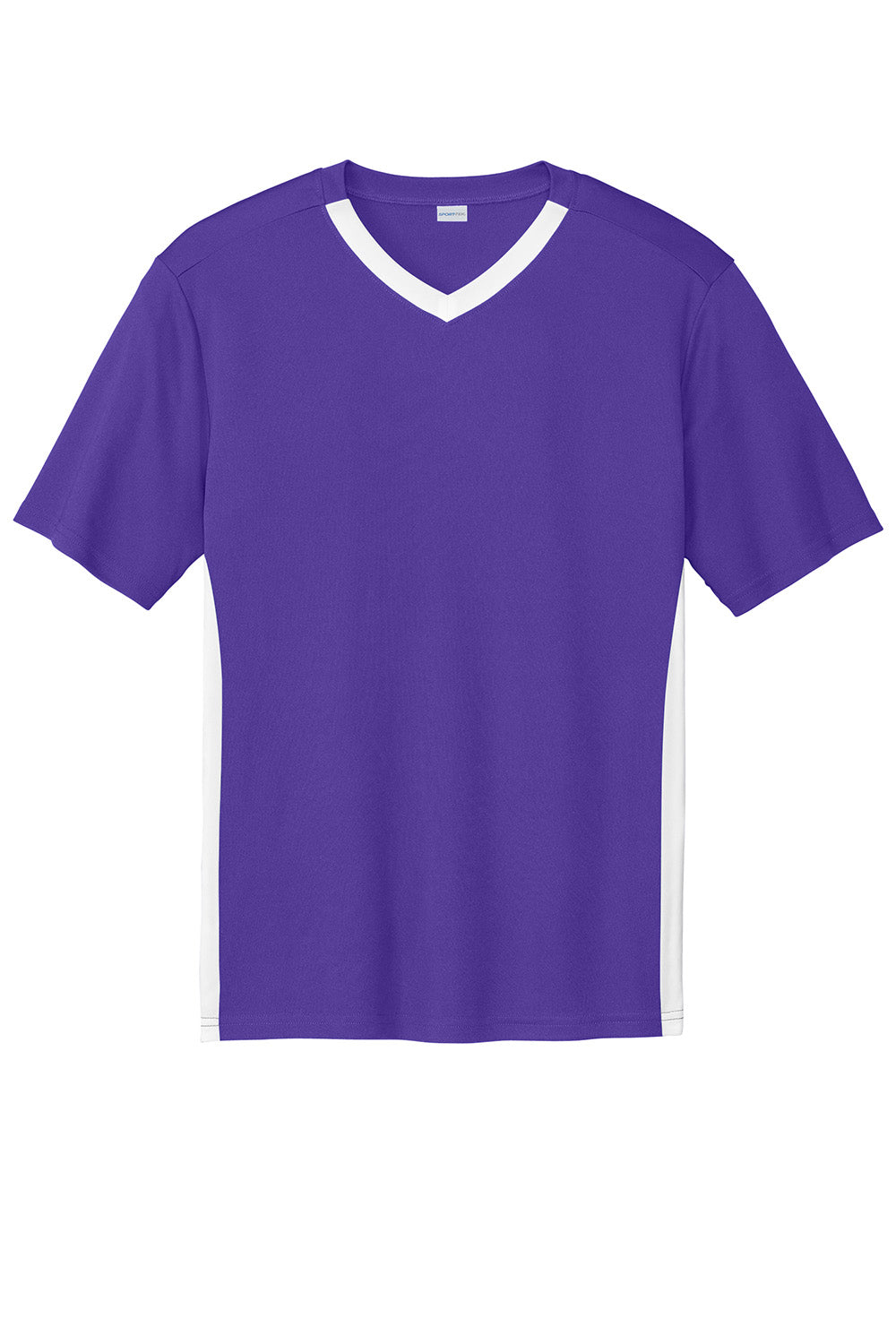 Sport-Tek ST101 Mens Competitor United Short Sleeve V-Neck T-Shirt Purple/White Flat Front