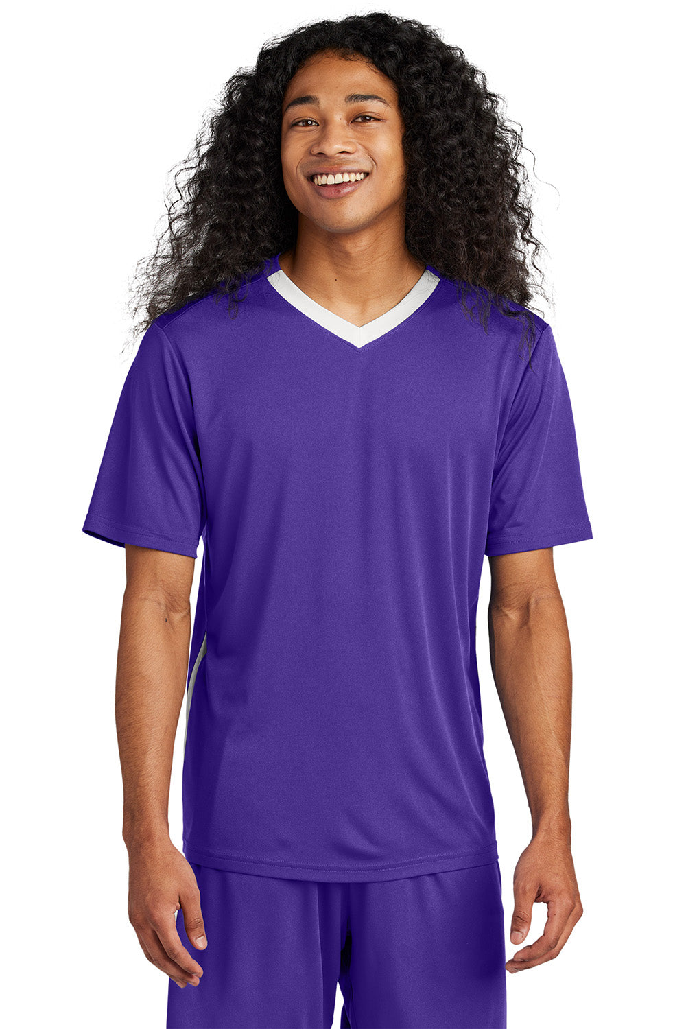 Sport-Tek ST101 Mens Competitor United Short Sleeve V-Neck T-Shirt Purple/White Model Front