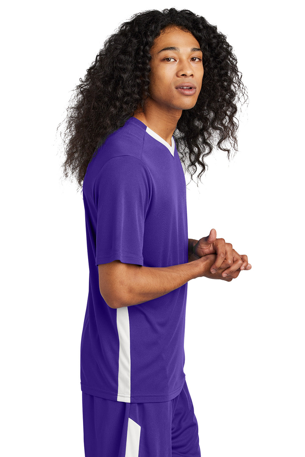 Sport-Tek ST101 Mens Competitor United Short Sleeve V-Neck T-Shirt Purple/White Model Side