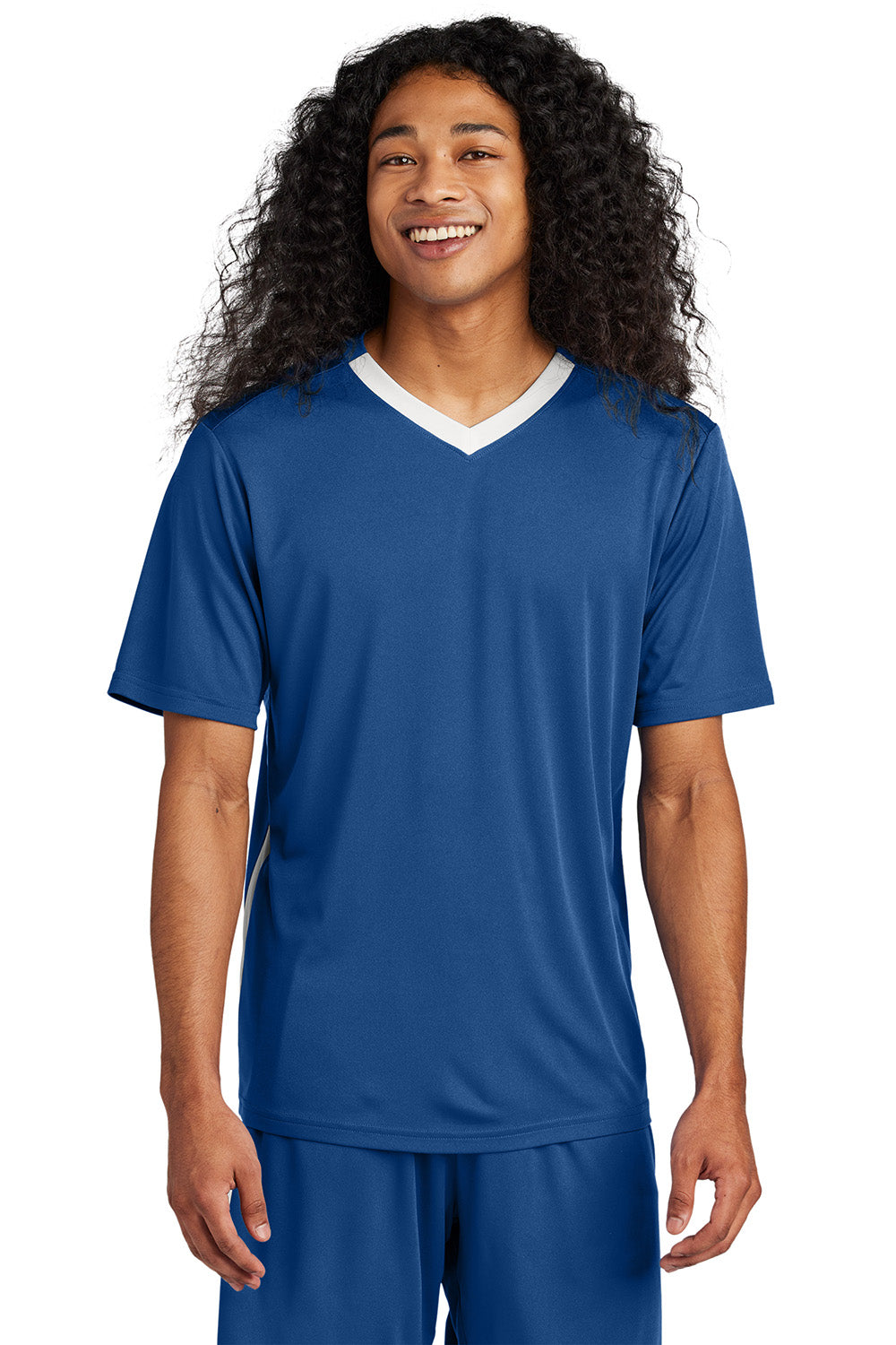 Sport-Tek ST101 Mens Competitor United Short Sleeve V-Neck T-Shirt Royal Blue/White Model Front