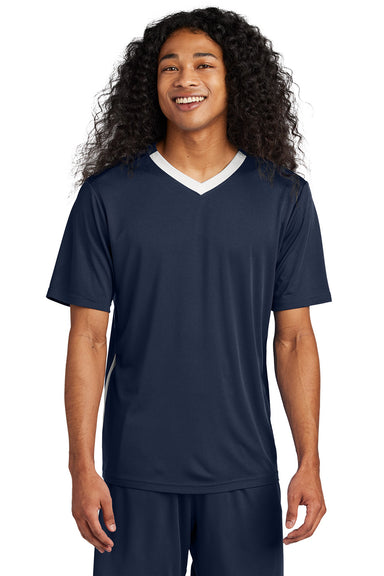 Sport-Tek ST101 Mens Competitor United Short Sleeve V-Neck T-Shirt True Navy Blue/White Model Front