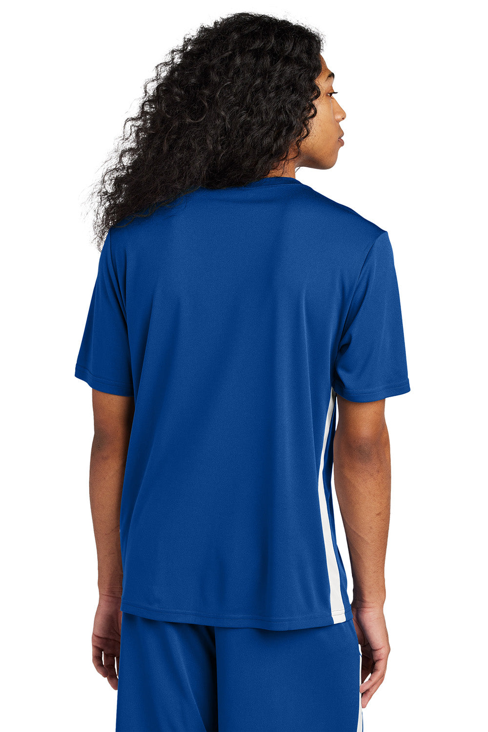 Sport-Tek ST101 Mens Competitor United Short Sleeve V-Neck T-Shirt True Royal Blue/White Model Back