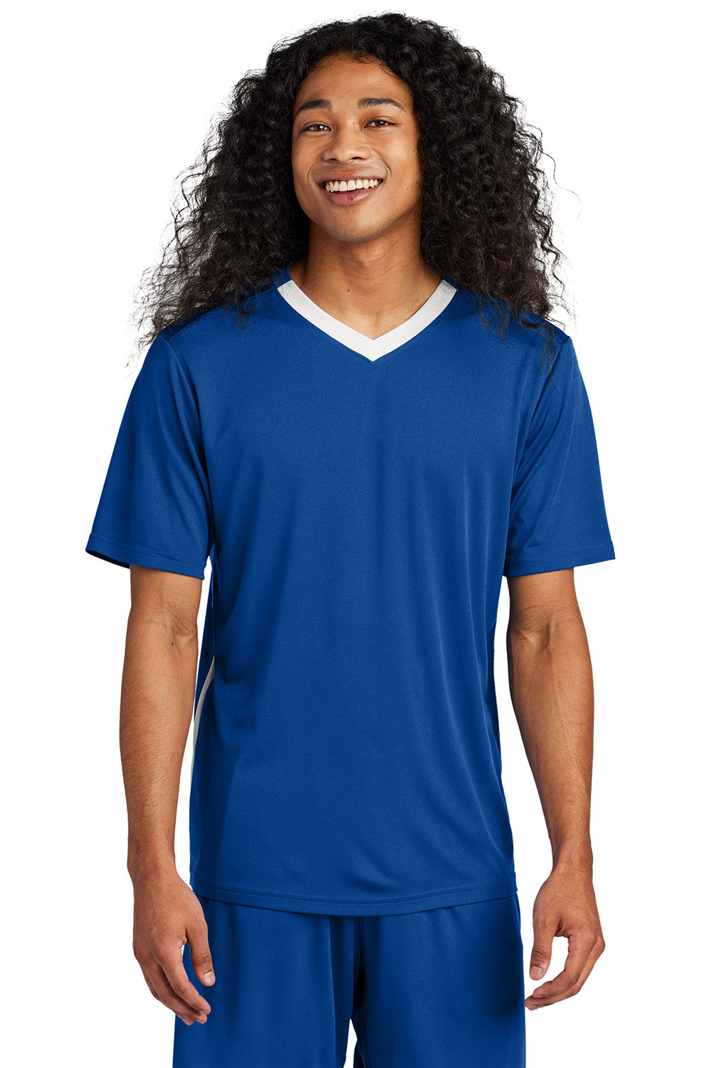 Sport-Tek ST101 Mens Competitor United Short Sleeve V-Neck T-Shirt True Royal Blue/White Model Front