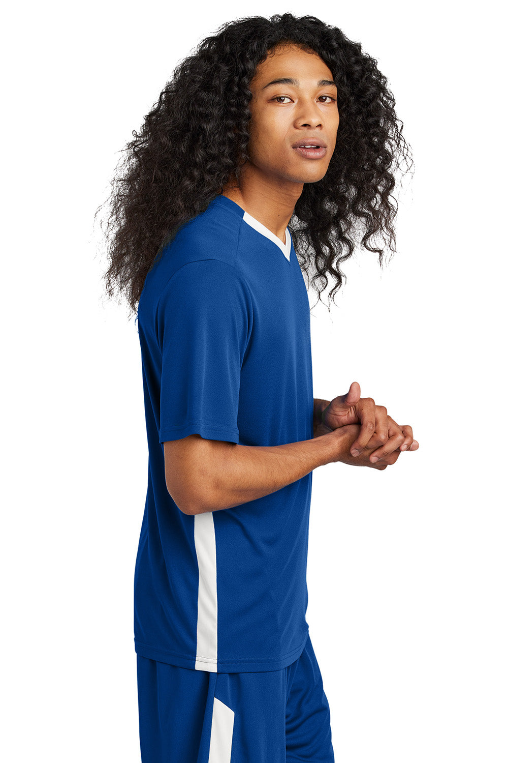 Sport-Tek ST101 Mens Competitor United Short Sleeve V-Neck T-Shirt True Royal Blue/White Model Side