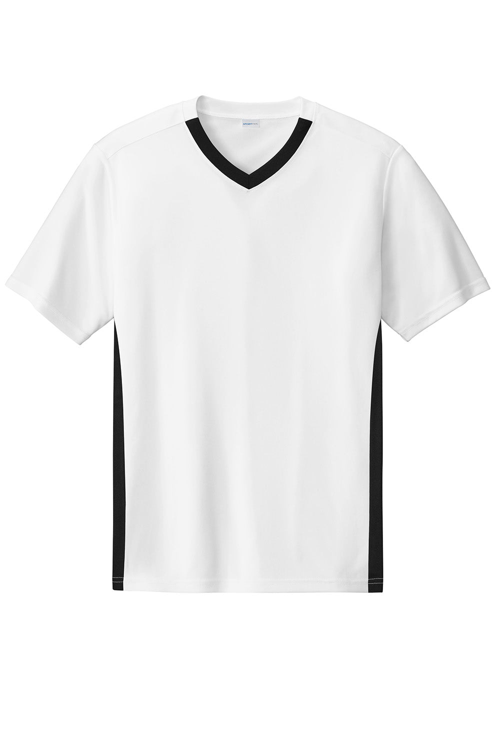 Sport-Tek ST101 Mens Competitor United Short Sleeve V-Neck T-Shirt White/Black Flat Front