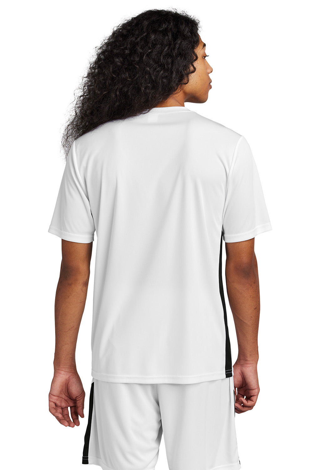 Sport-Tek ST101 Mens Competitor United Short Sleeve V-Neck T-Shirt White/Black Model Back