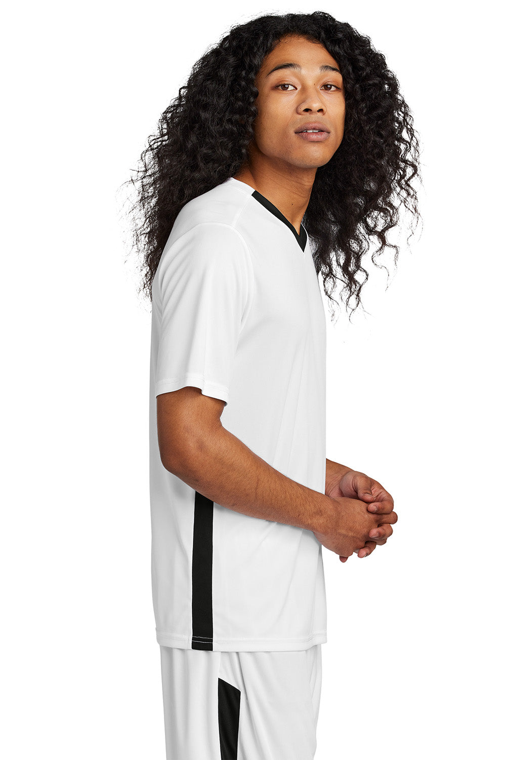 Sport-Tek ST101 Mens Competitor United Short Sleeve V-Neck T-Shirt White/Black Model Side