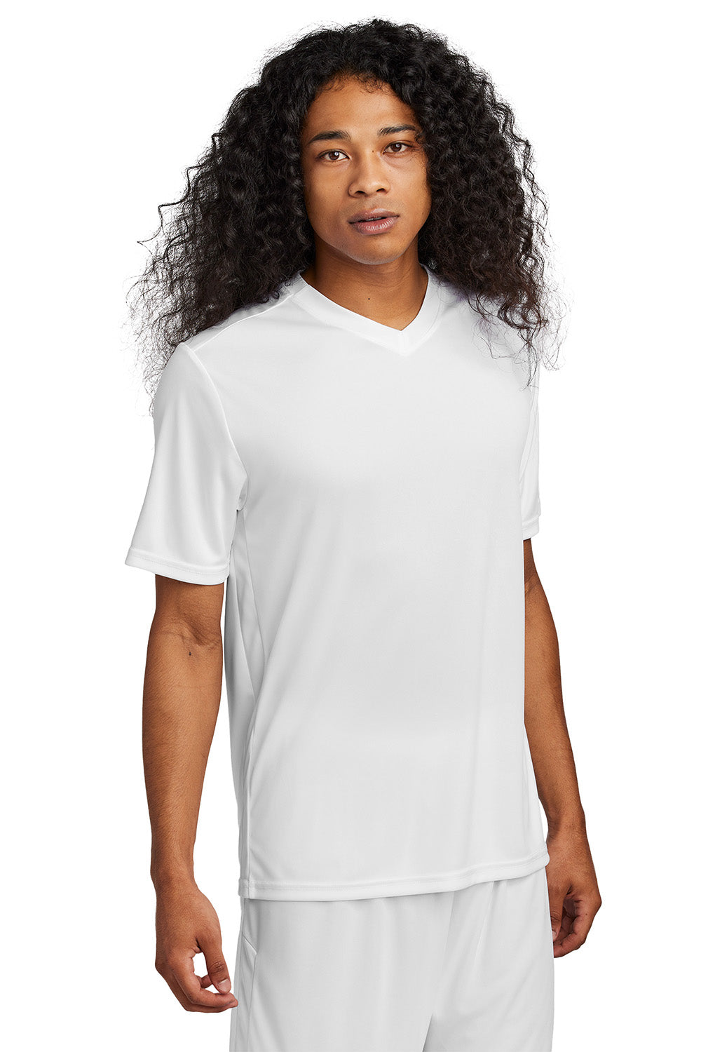 Sport-Tek ST101 Mens Competitor United Short Sleeve V-Neck T-Shirt White Model Front