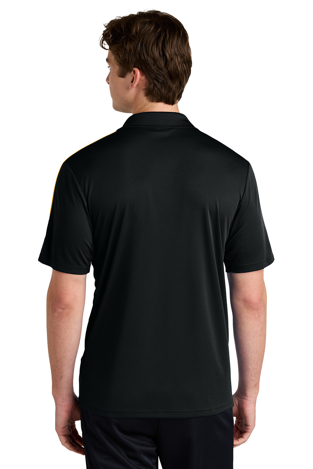 Sport-Tek ST104 Mens Competitor United Short Sleeve Polo Shirt Black/Gold Model Back