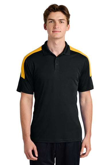 Sport-Tek ST104 Mens Competitor United Short Sleeve Polo Shirt Black/Gold Model Front