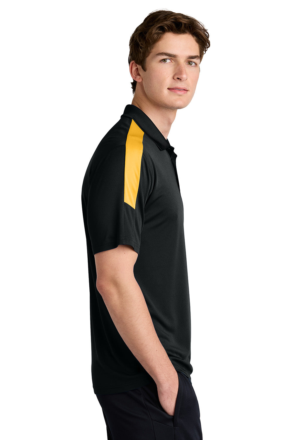 Sport-Tek ST104 Mens Competitor United Short Sleeve Polo Shirt Black/Gold Model Side