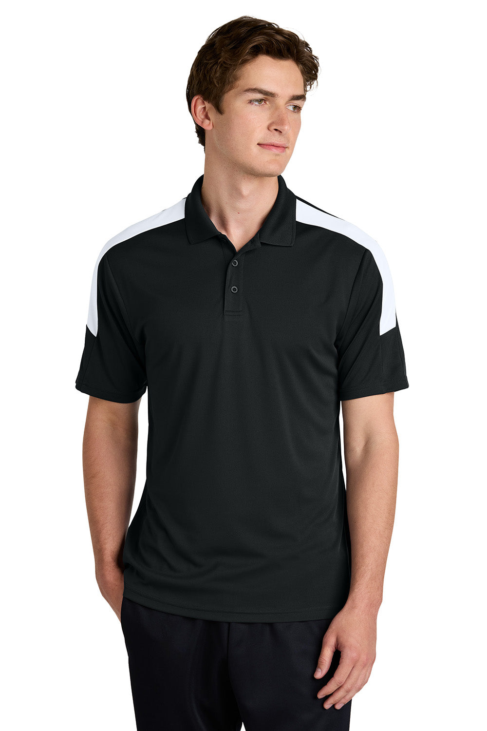 Sport-Tek ST104 Mens Competitor United Short Sleeve Polo Shirt Black/White Model Front