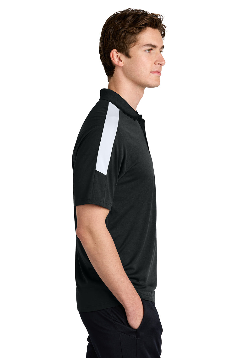 Sport-Tek ST104 Mens Competitor United Short Sleeve Polo Shirt Black/White Model Side