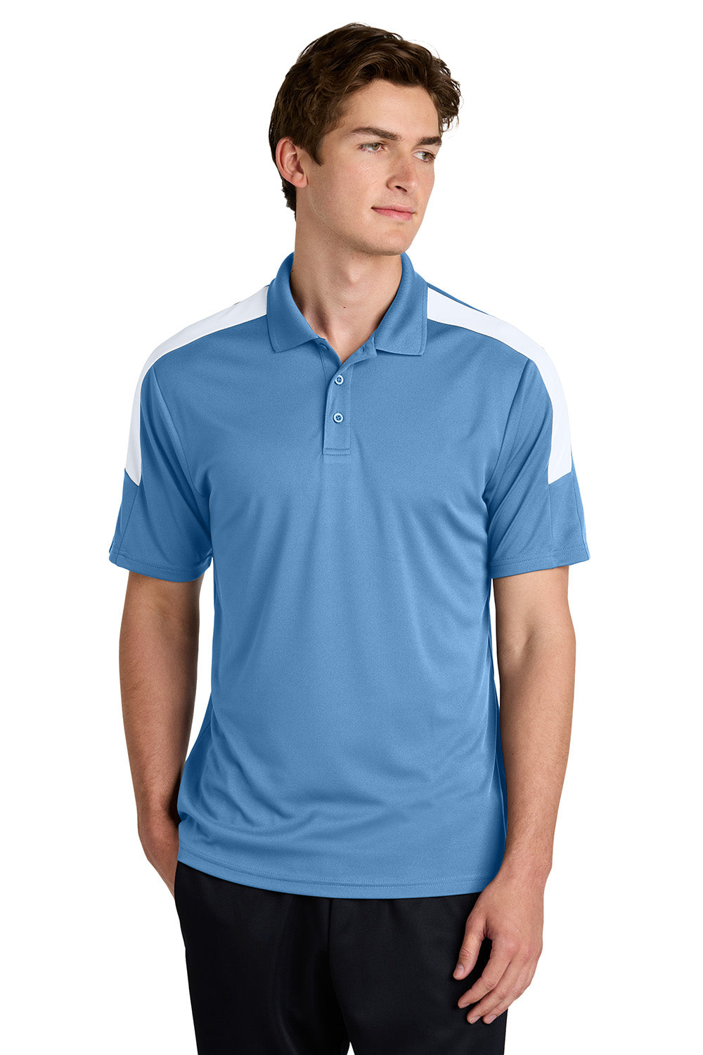 Sport-Tek ST104 Mens Competitor United Short Sleeve Polo Shirt Carolina Blue/White Model Front