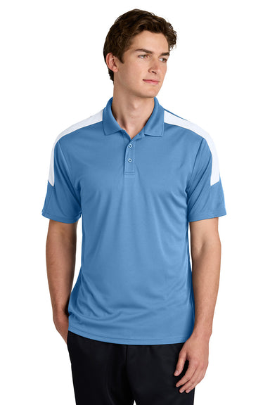 Sport-Tek ST104 Mens Competitor United Short Sleeve Polo Shirt Carolina Blue/White Model Front