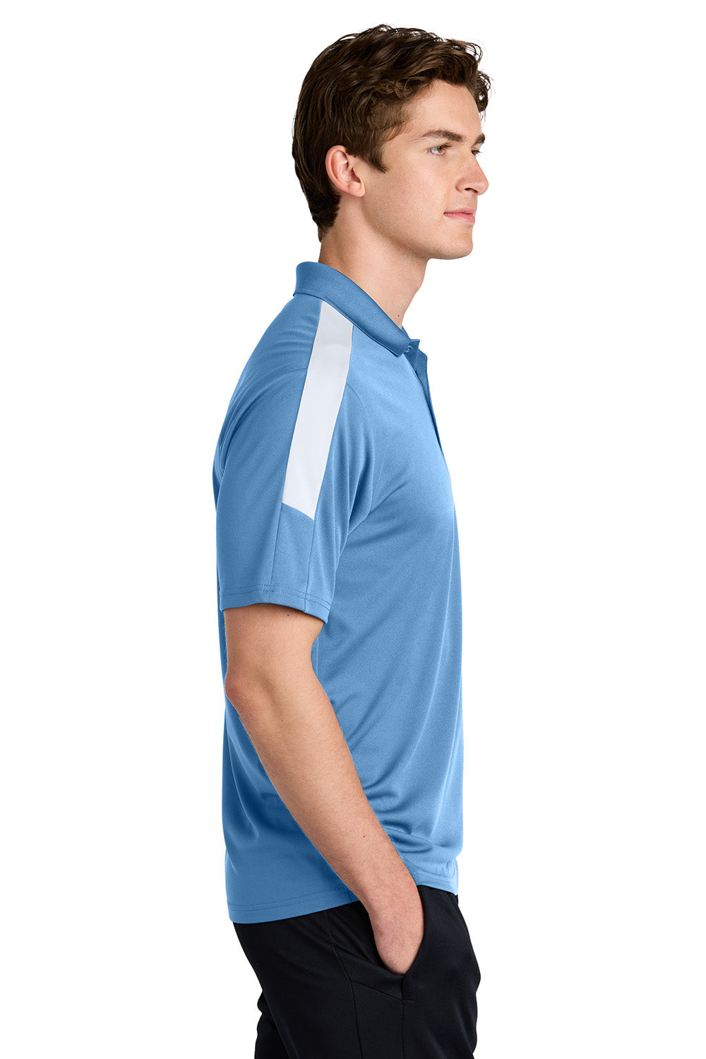 Sport-Tek ST104 Mens Competitor United Short Sleeve Polo Shirt Carolina Blue/White Model Side