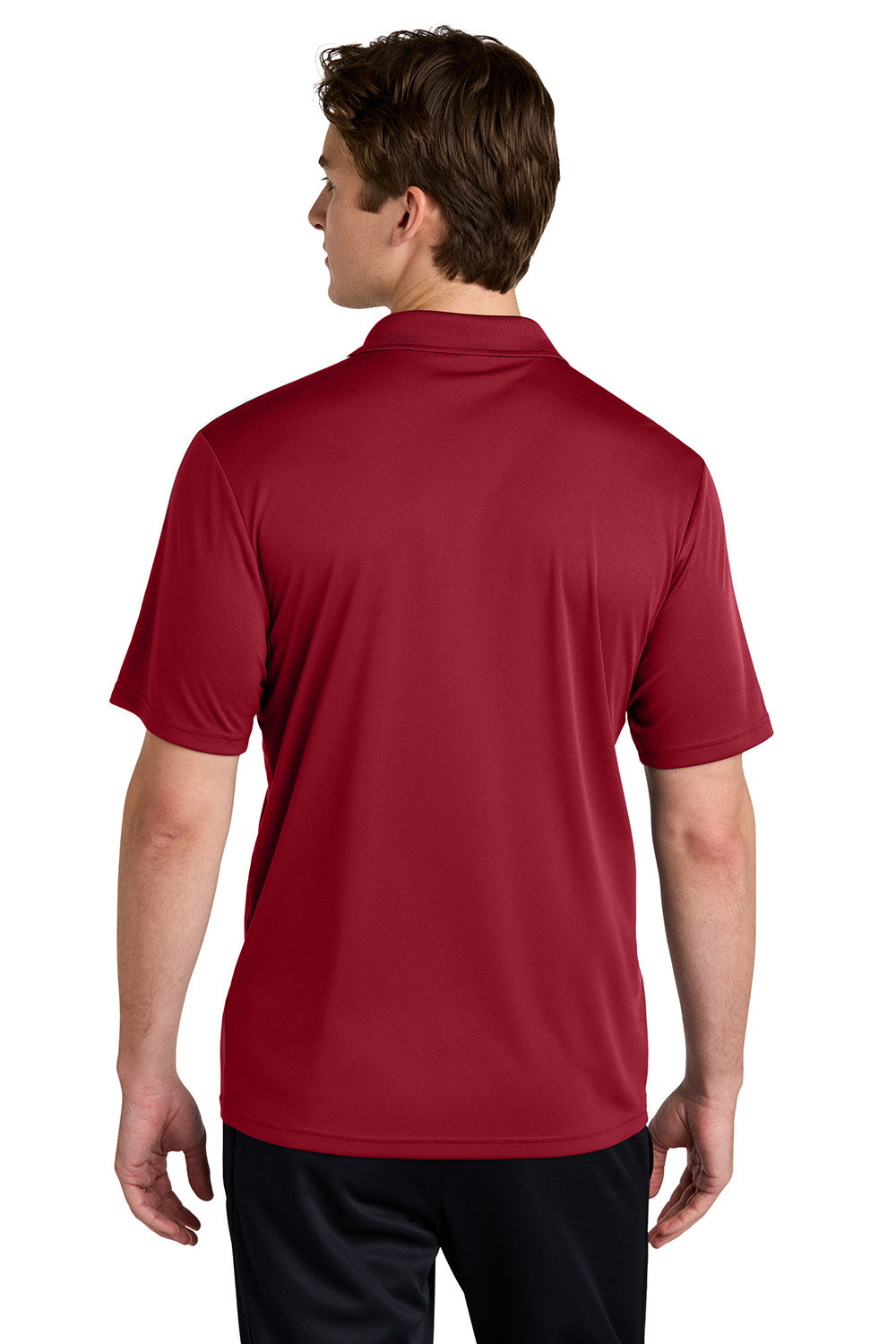 Sport-Tek ST104 Mens Competitor United Short Sleeve Polo Shirt Deep Red/White Model Back