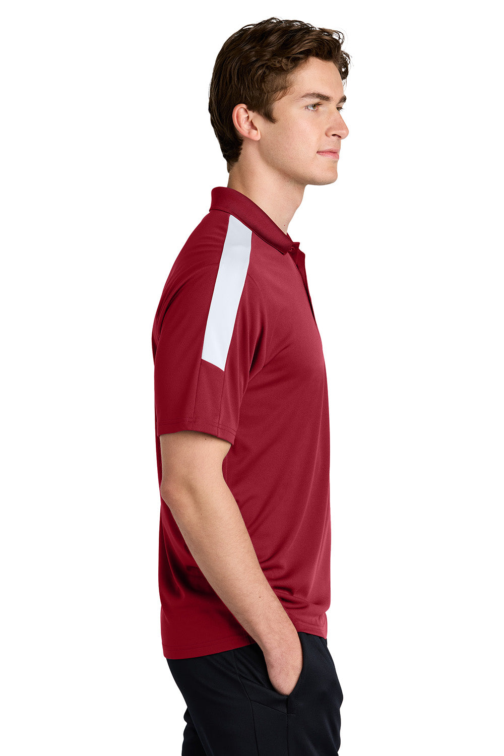 Sport-Tek ST104 Mens Competitor United Short Sleeve Polo Shirt Deep Red/White Model Side