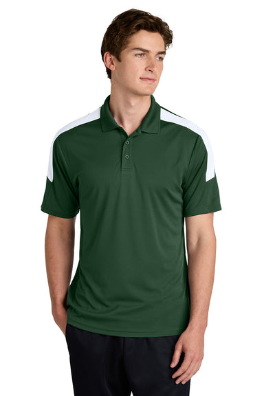 Sport-Tek ST104 Mens Competitor United Short Sleeve Polo Shirt Forest Green/White Model Front