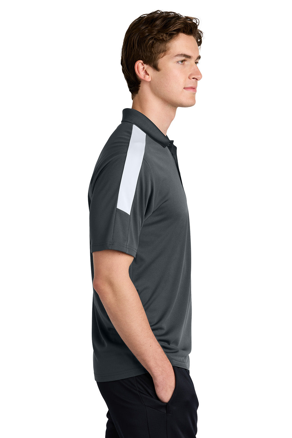 Sport-Tek ST104 Mens Competitor United Short Sleeve Polo Shirt Iron Grey/White Model Side