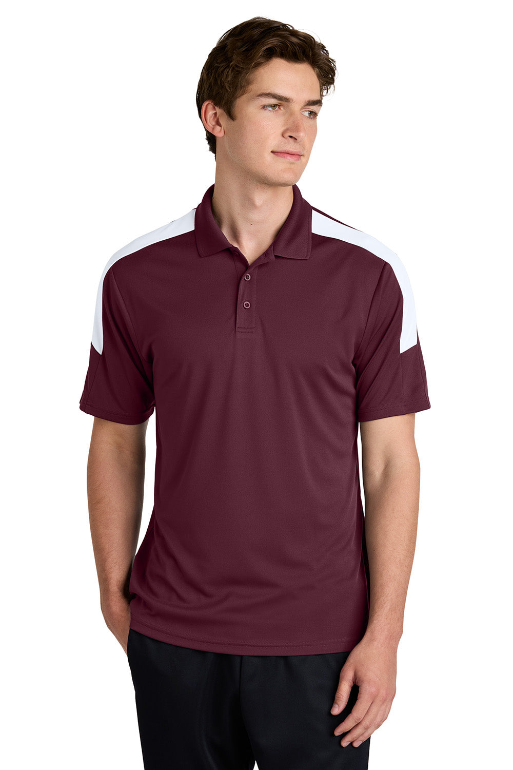 Sport-Tek ST104 Mens Competitor United Short Sleeve Polo Shirt Maroon/White Model Front