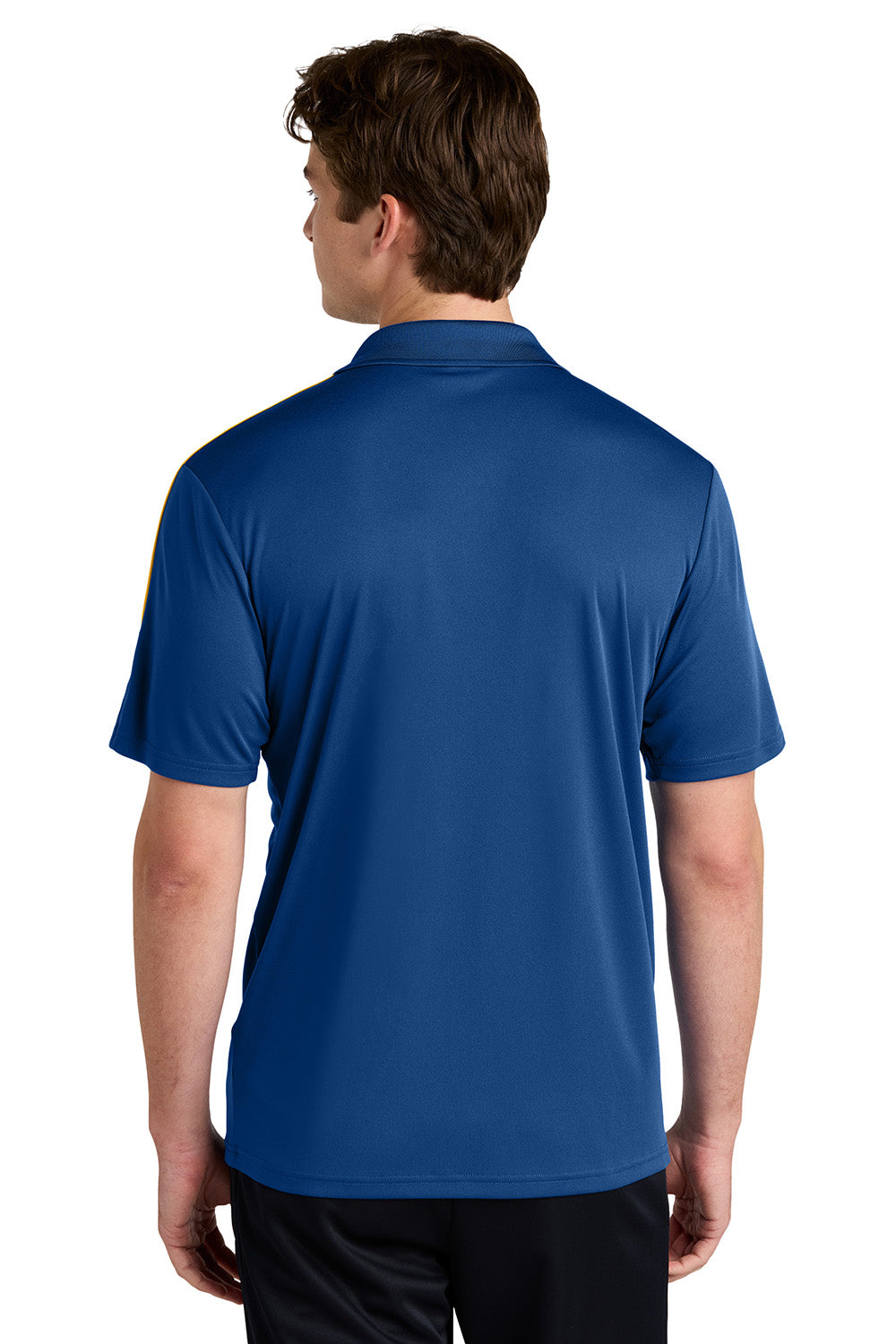 Sport-Tek ST104 Mens Competitor United Short Sleeve Polo Shirt Royal Blue/Gold Model Back