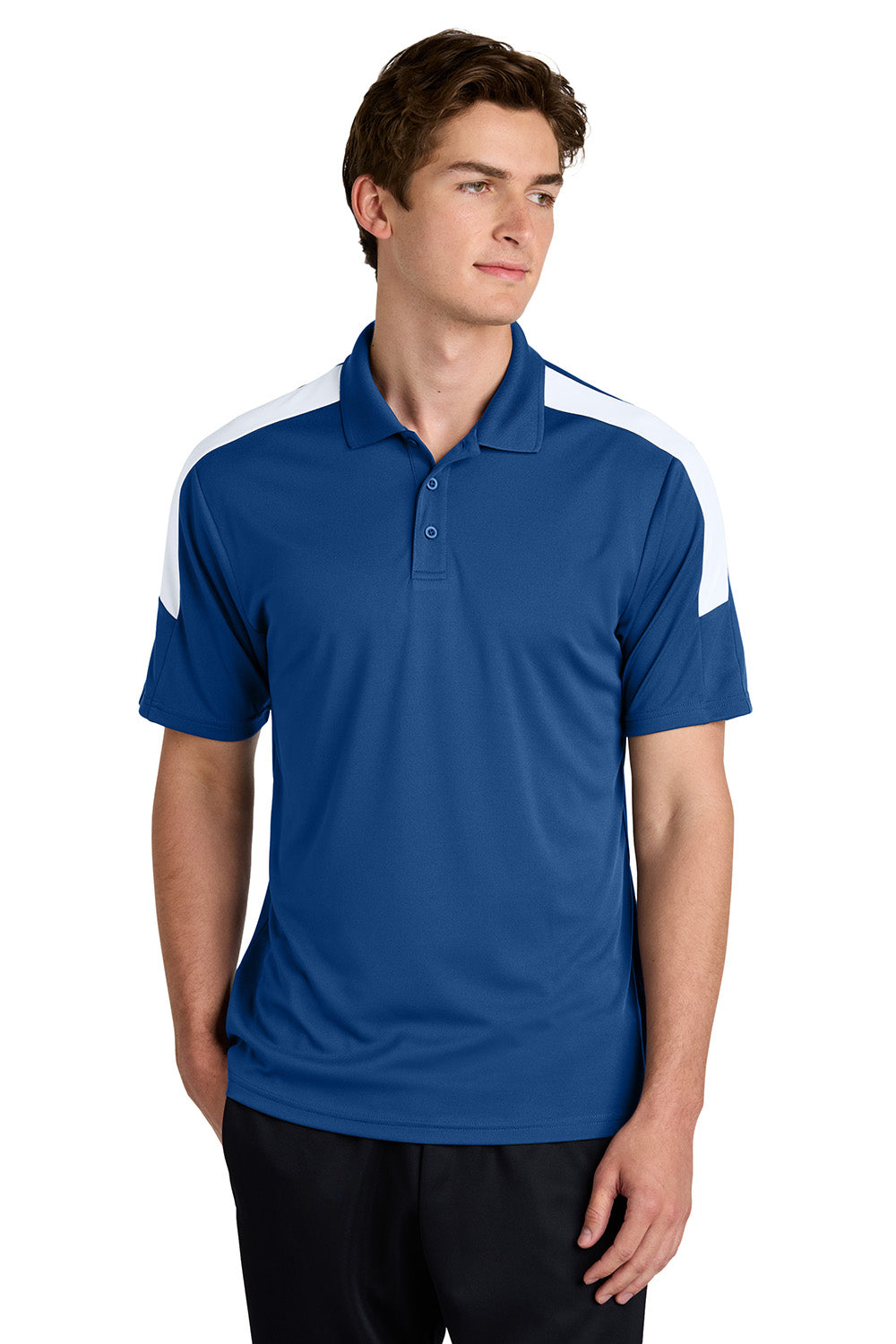 Sport-Tek ST104 Mens Competitor United Short Sleeve Polo Shirt Royal Blue/White Model Front