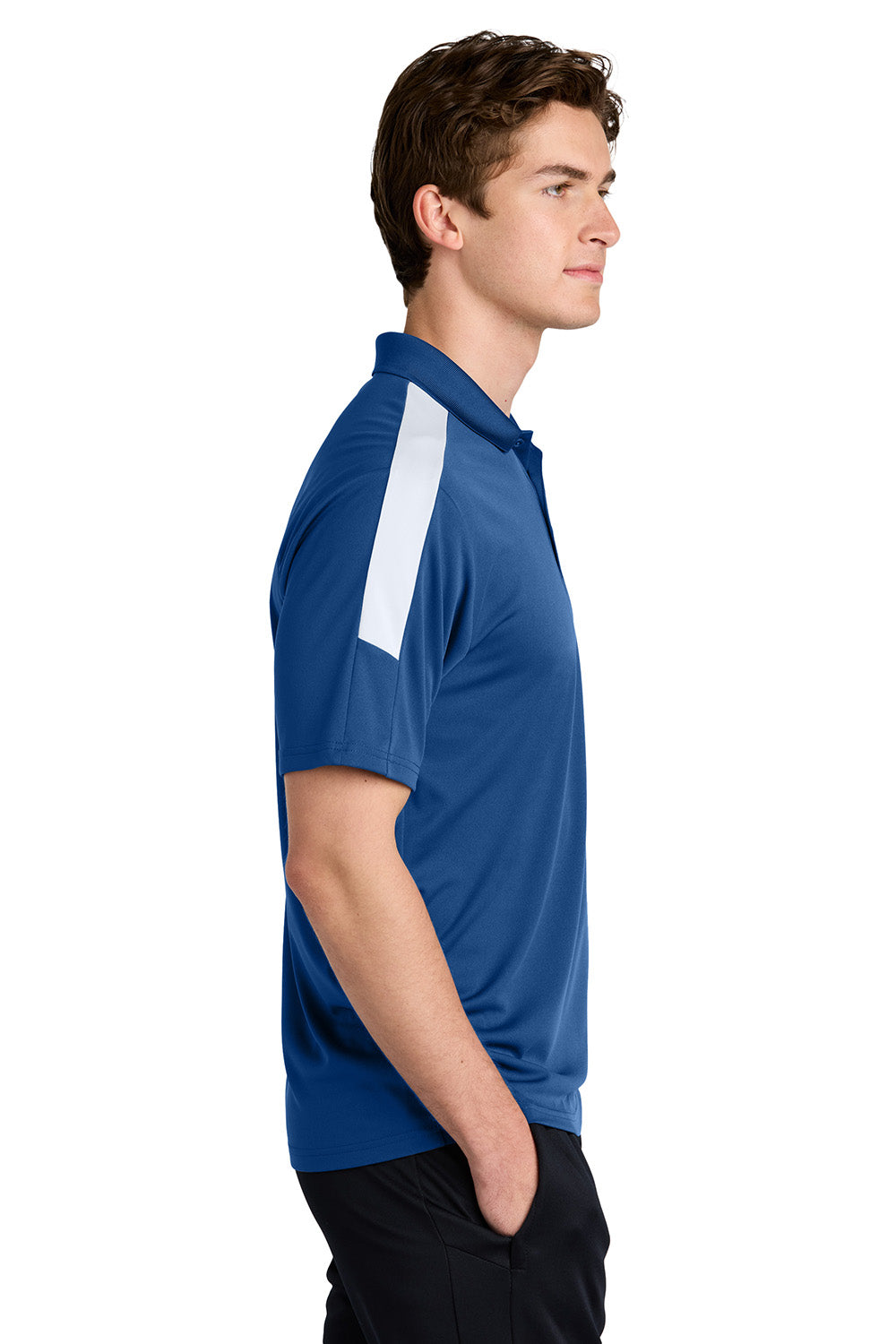 Sport-Tek ST104 Mens Competitor United Short Sleeve Polo Shirt Royal Blue/White Model Side