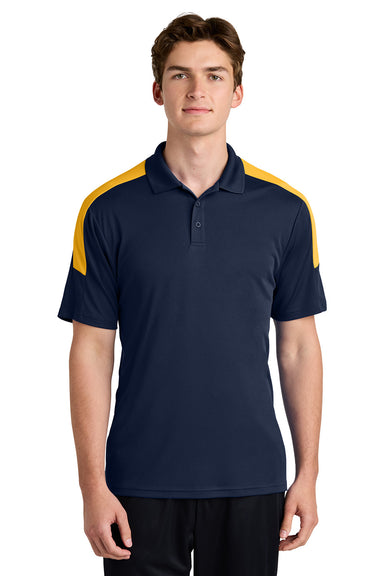 Sport-Tek ST104 Mens Competitor United Short Sleeve Polo Shirt True Navy Blue/Gold Model Front