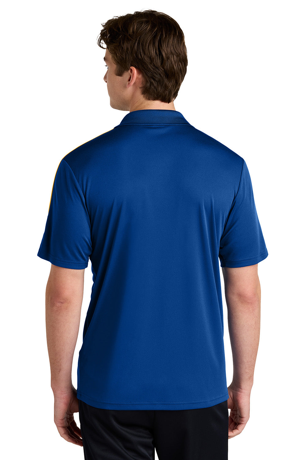 Sport-Tek ST104 Mens Competitor United Short Sleeve Polo Shirt True Royal Blue/Gold Model Back