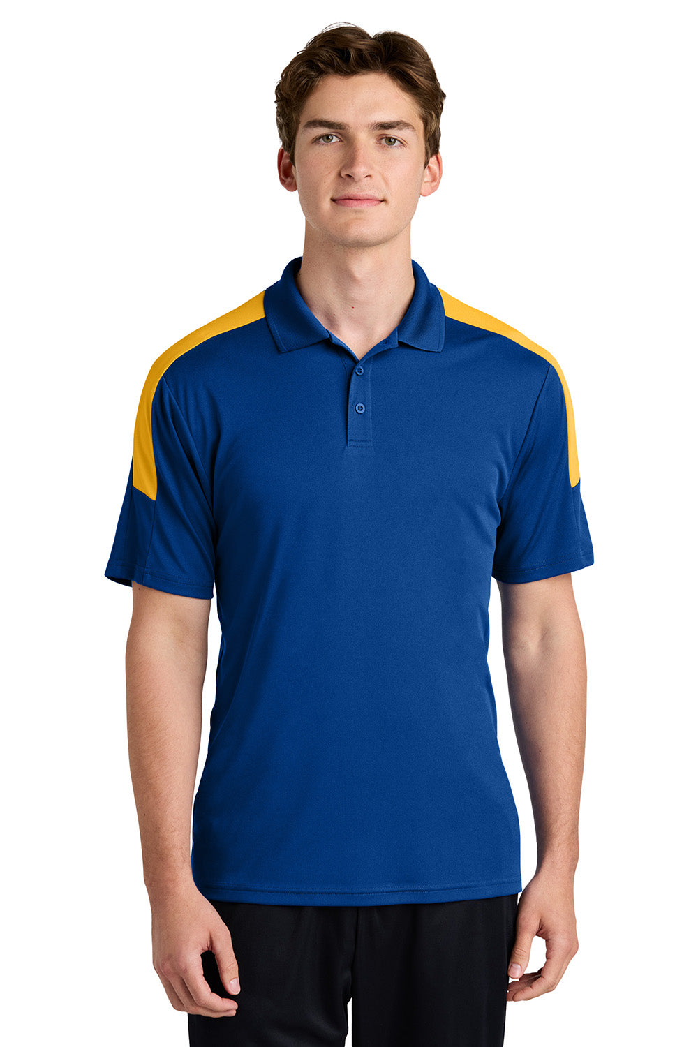 Sport-Tek ST104 Mens Competitor United Short Sleeve Polo Shirt True Royal Blue/Gold Model Front