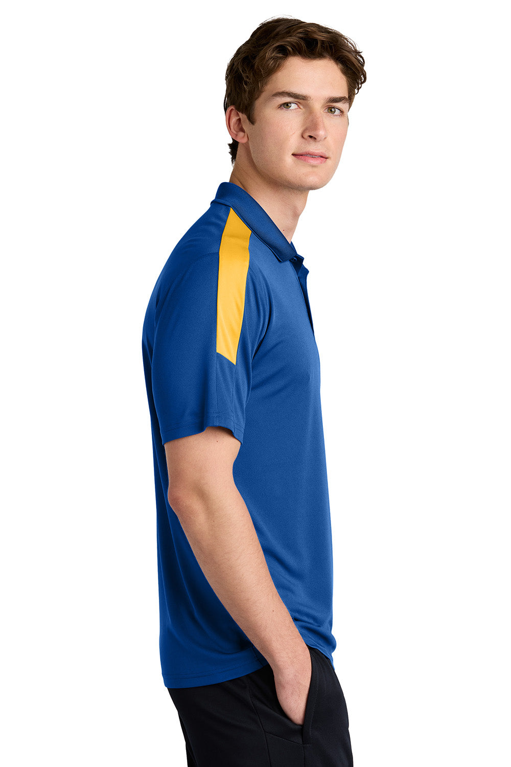 Sport-Tek ST104 Mens Competitor United Short Sleeve Polo Shirt True Royal Blue/Gold Model Side