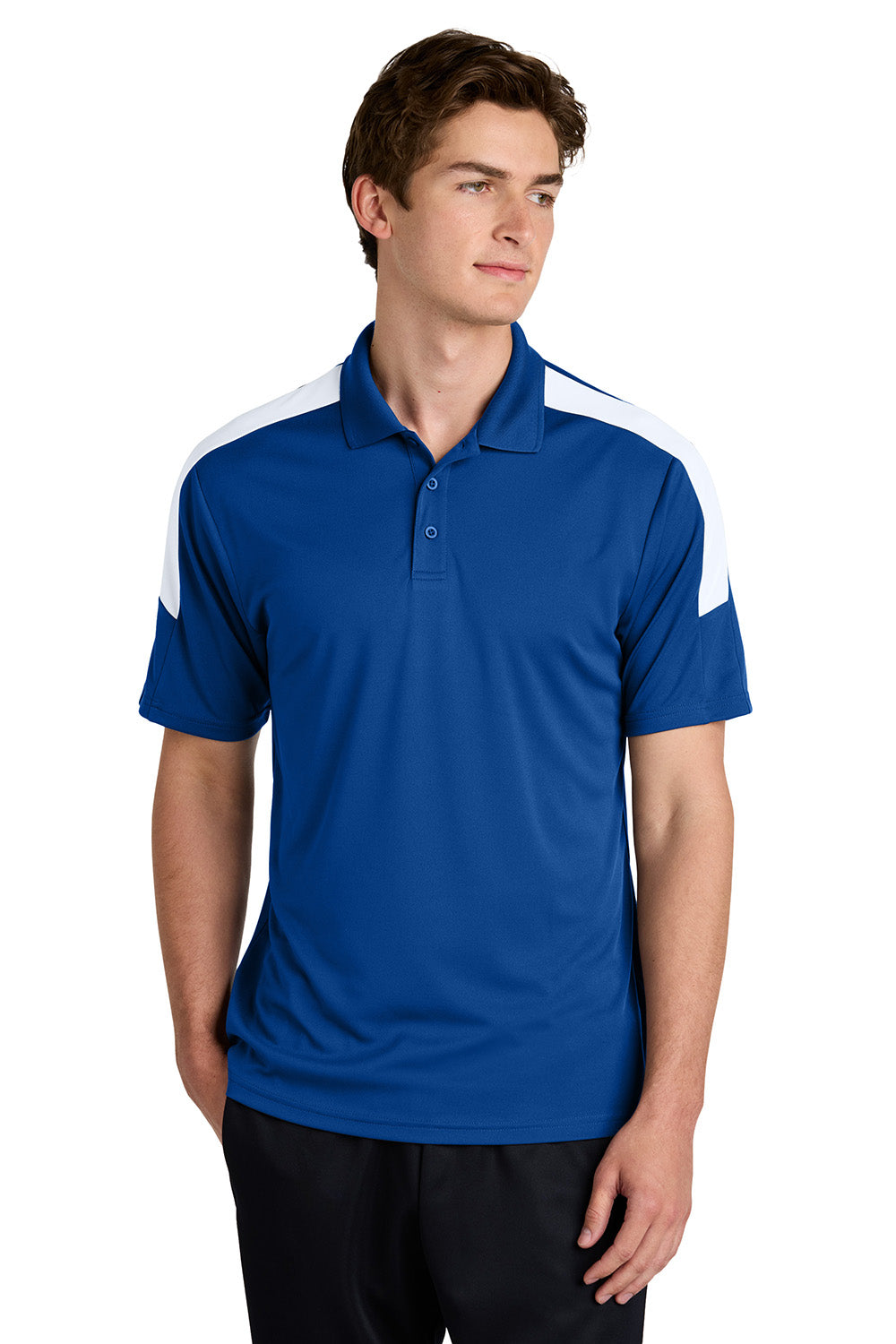 Sport-Tek ST104 Mens Competitor United Short Sleeve Polo Shirt True Royal Blue/White Model Front