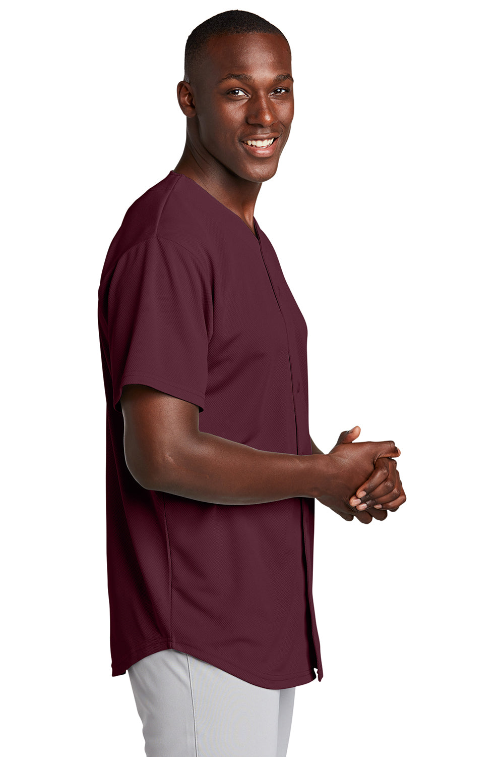 Sport-Tek ST220 Mens Tough Mesh Moisture Wicking Short Sleeve Jersey Maroon Model Side