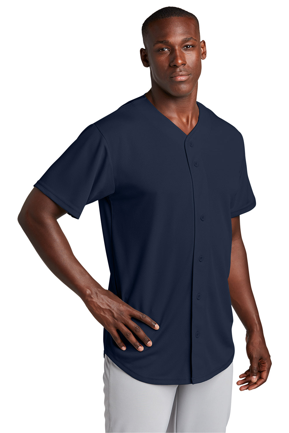 Sport-Tek ST220 Mens Tough Mesh Moisture Wicking Short Sleeve Jersey True Navy Blue Model 3q