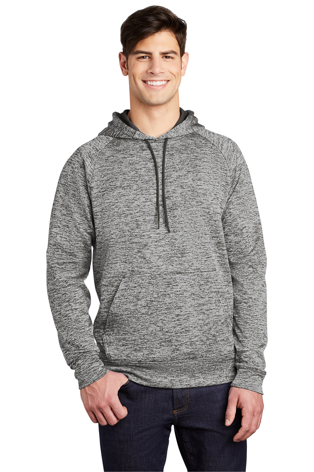 Sport-Tek ST225 Mens Electric Heather Moisture Wicking Fleece Hooded Sweatshirt Hoodie Black Electric Model Front