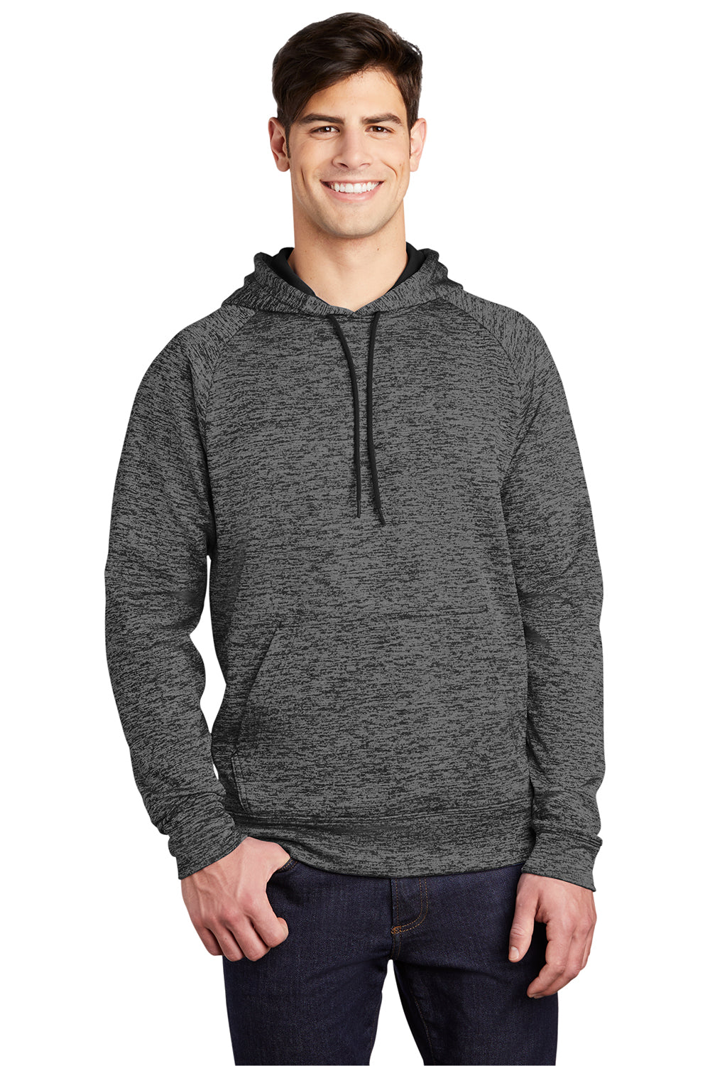 Sport-Tek ST225 Mens Electric Heather Moisture Wicking Fleece Hooded Sweatshirt Hoodie Grey Black Electric Model Front