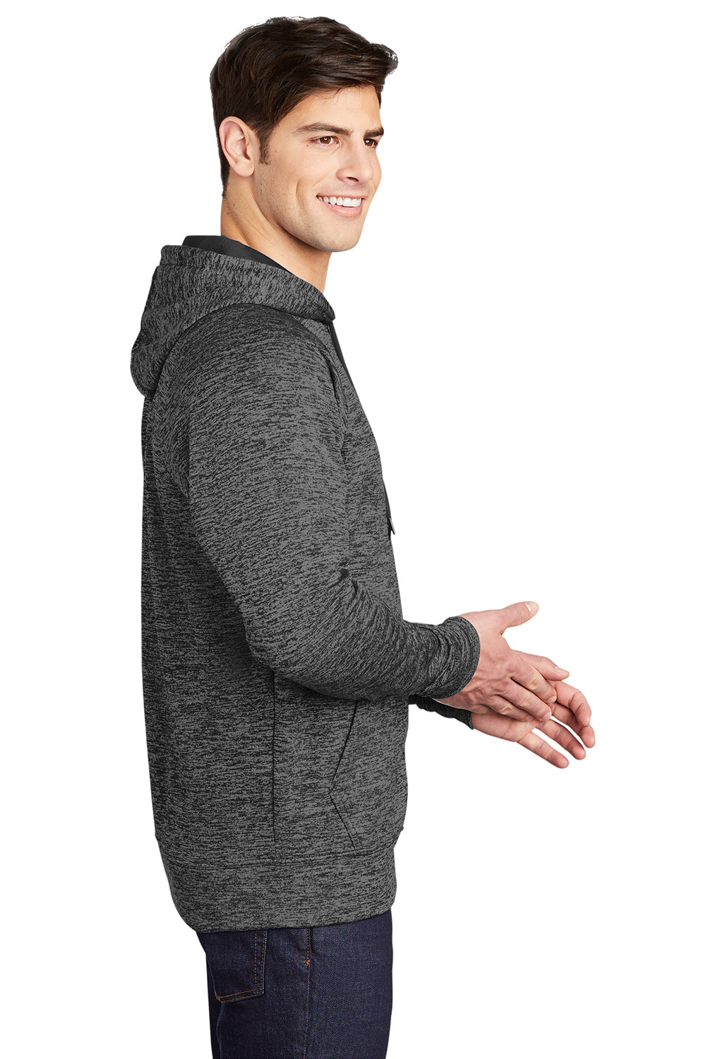 Sport-Tek ST225 Mens Electric Heather Moisture Wicking Fleece Hooded Sweatshirt Hoodie Grey Black Electric Model Side