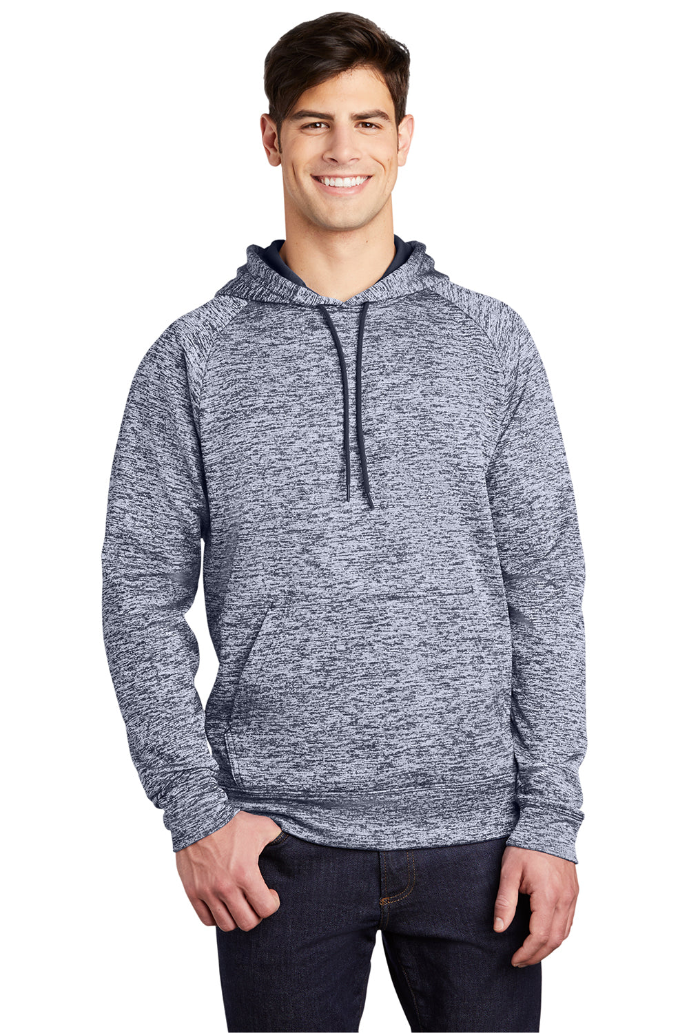 Sport-Tek ST225 Mens Electric Heather Moisture Wicking Fleece Hooded Sweatshirt Hoodie True Navy Blue Electric Model Front