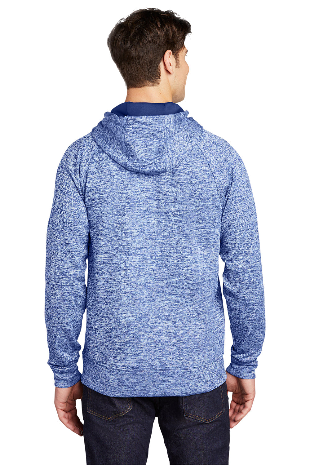 Sport-Tek ST225 Mens Electric Heather Moisture Wicking Fleece Hooded Sweatshirt Hoodie True Royal Blue Electric Model Back