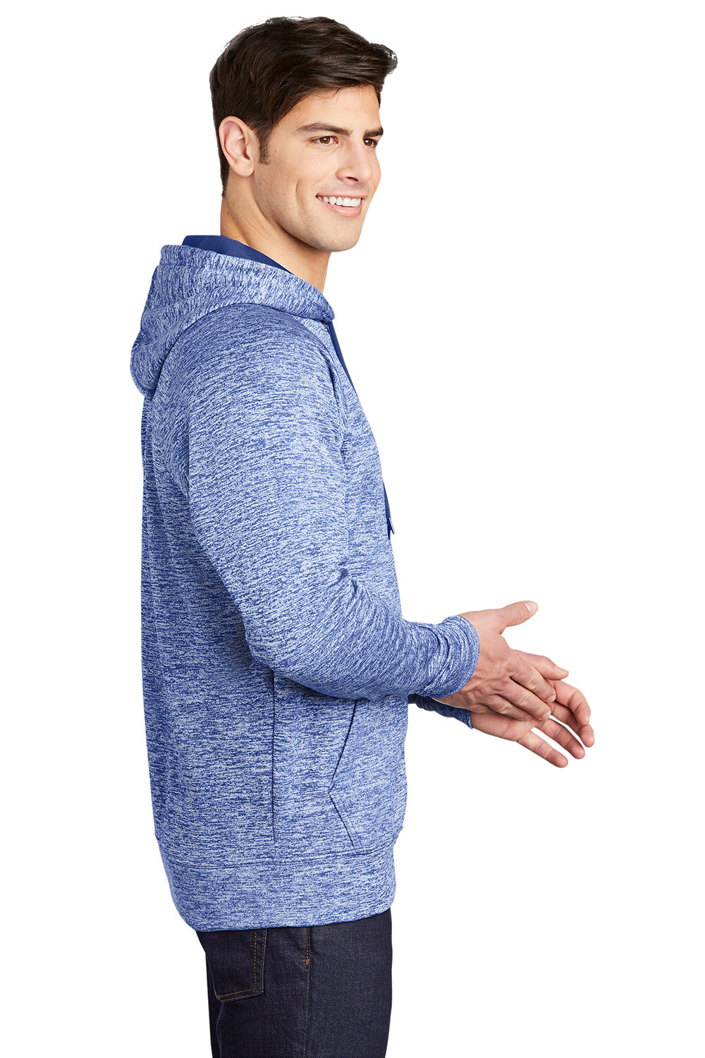 Sport-Tek ST225 Mens Electric Heather Moisture Wicking Fleece Hooded Sweatshirt Hoodie True Royal Blue Electric Model Side