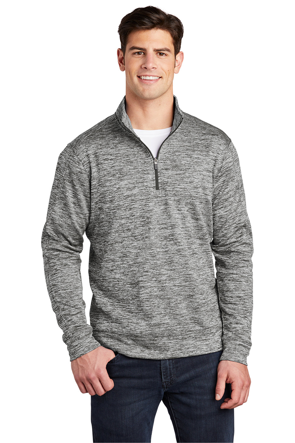 Sport-Tek ST226 Mens Electric Heather Moisture Wicking Fleece 1/4 Zip Sweatshirt Black Electric Model Front