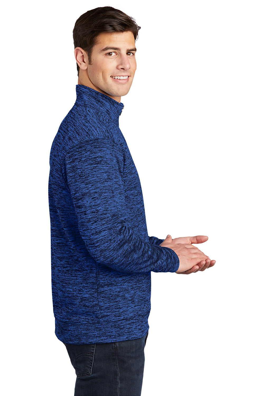 Sport-Tek ST226 Mens Electric Heather Moisture Wicking Fleece 1/4 Zip Sweatshirt Dark Royal Blue Electric Model Side