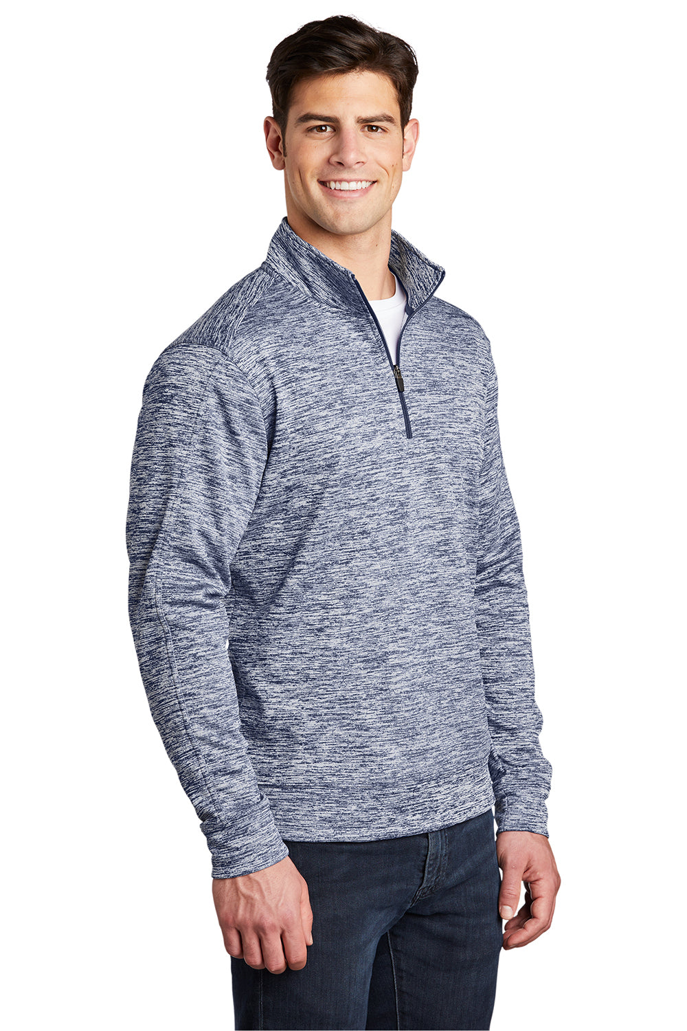 Sport-Tek ST226 Mens Electric Heather Moisture Wicking Fleece 1/4 Zip Sweatshirt True Navy Blue Electric Model 3q