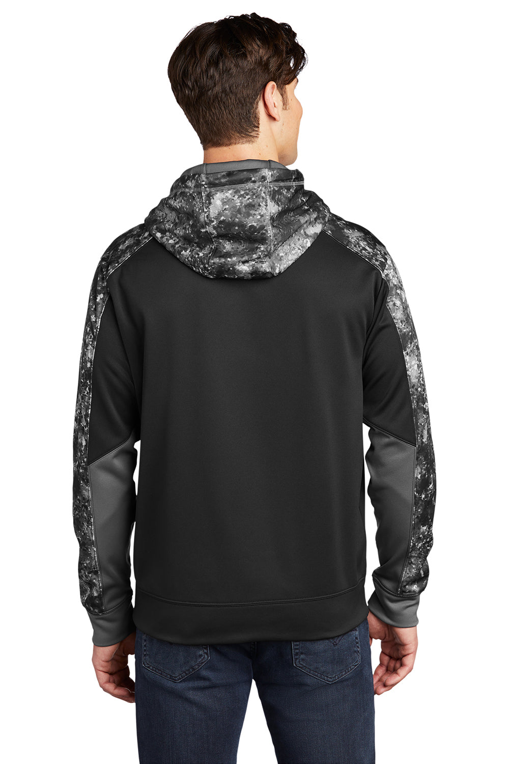 Sport-Tek ST231 Mens Sport-Wick Mineral Freeze Moisture Wicking Fleece Hooded Sweatshirt Hoodie Black Model Back