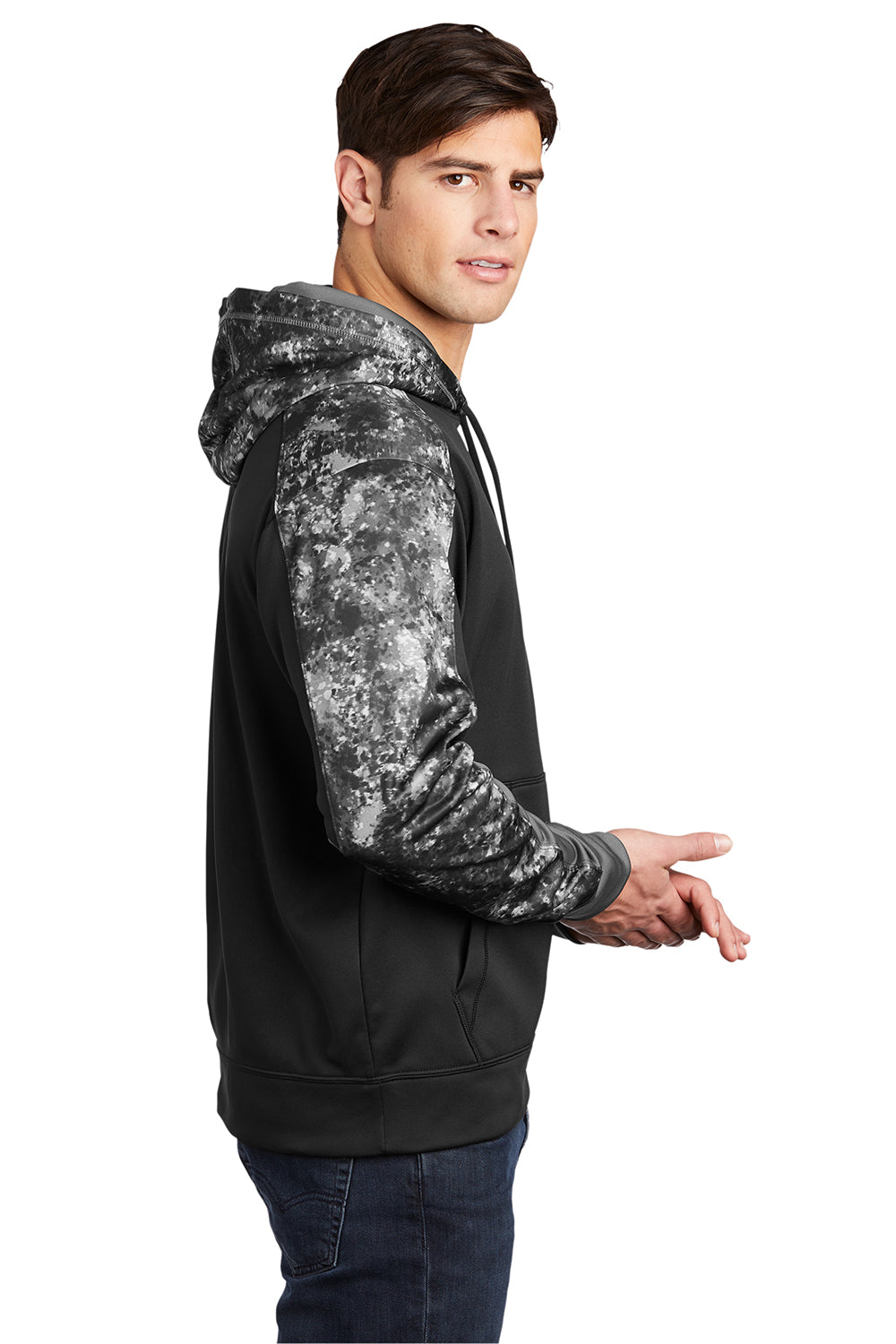 Sport-Tek ST231 Mens Sport-Wick Mineral Freeze Moisture Wicking Fleece Hooded Sweatshirt Hoodie Black Model Side