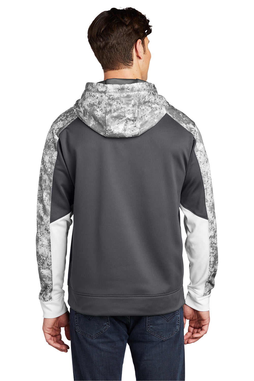 Sport-Tek ST231 Mens Sport-Wick Mineral Freeze Moisture Wicking Fleece Hooded Sweatshirt Hoodie Dark Smoke Grey Model Back