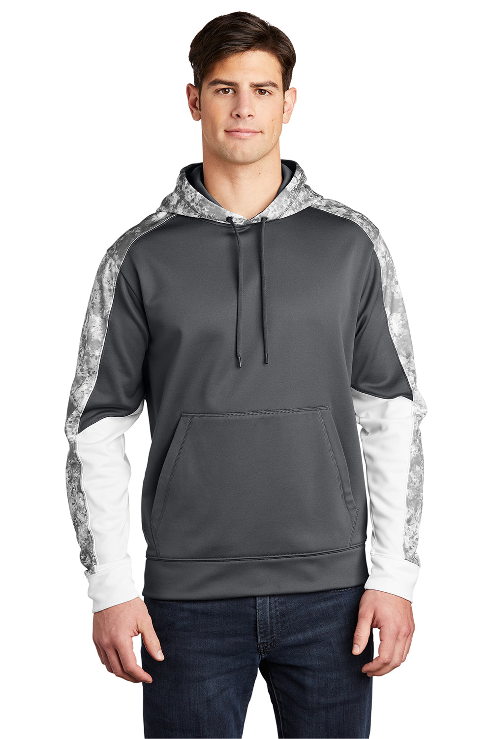 Sport-Tek ST231 Mens Sport-Wick Mineral Freeze Moisture Wicking Fleece Hooded Sweatshirt Hoodie Dark Smoke Grey Model Front