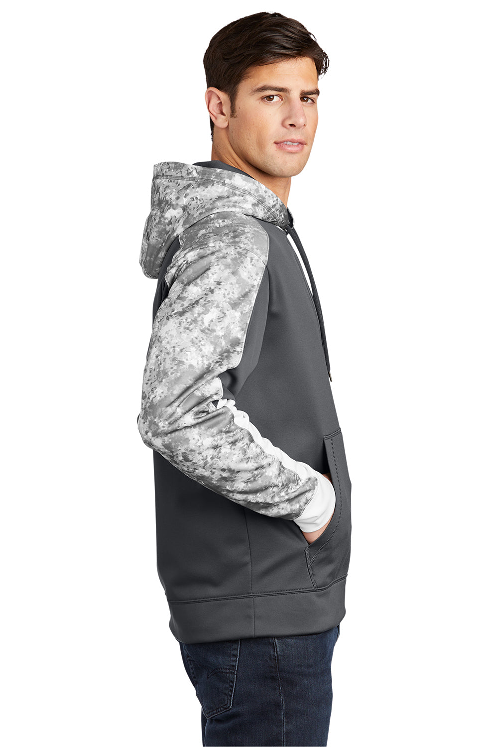 Sport-Tek ST231 Mens Sport-Wick Mineral Freeze Moisture Wicking Fleece Hooded Sweatshirt Hoodie Dark Smoke Grey Model Side